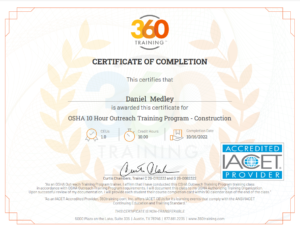 OSHA 10 hour Certificate for Team Handy Dan